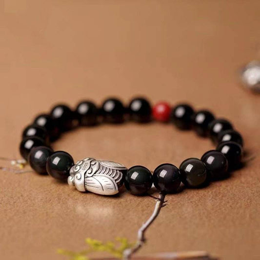 999 Sterling Silver Cicada & Obsidian Bracelet, Good - luck Jewelry for Exams - STAR8S