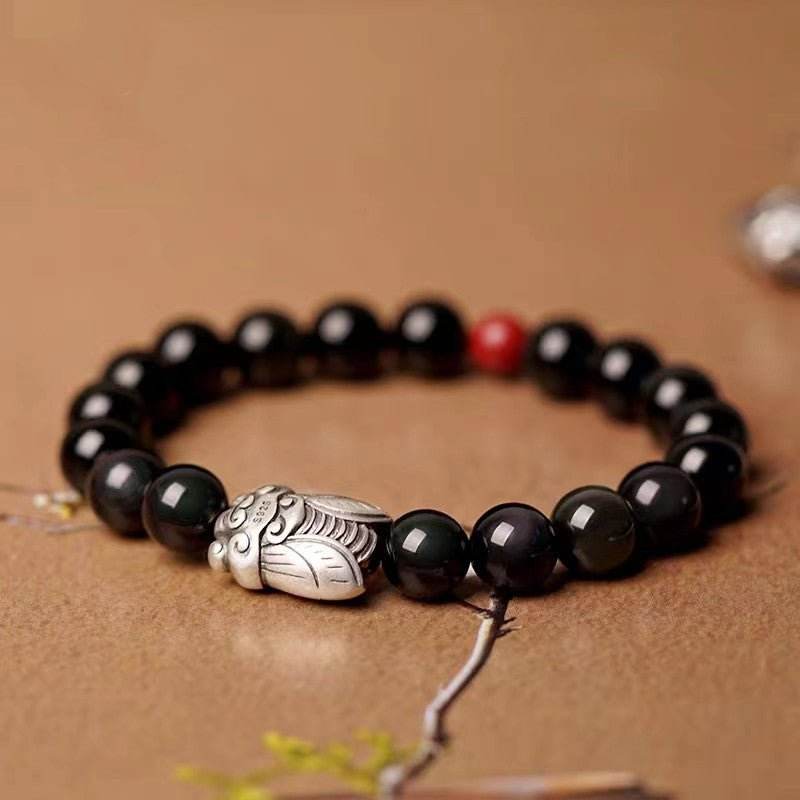 999 sterling silver cicada & obsidian bracelet, good - luck jewelry for exams - star8s