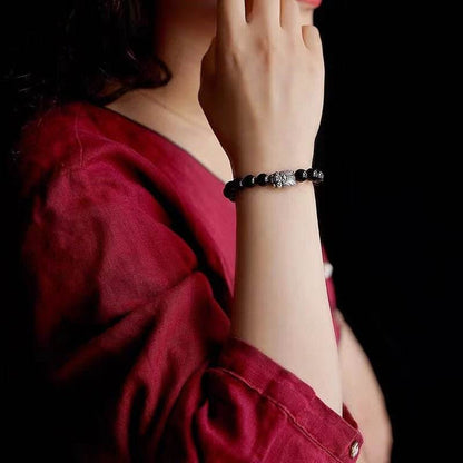 999 Sterling Silver Cicada & Obsidian Bracelet, Good - luck Jewelry for Exams - STAR8S