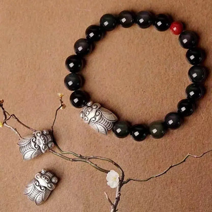999 Sterling Silver Cicada & Obsidian Bracelet, Good - luck Jewelry for Exams - STAR8S