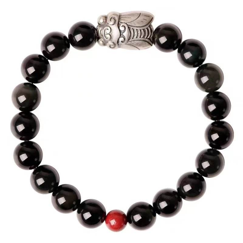999 Sterling Silver Cicada & Obsidian Bracelet, Good - luck Jewelry for Exams - STAR8S