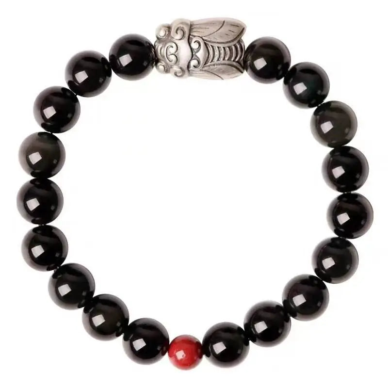 999 sterling silver cicada & obsidian bracelet, good - luck jewelry for exams - star8s