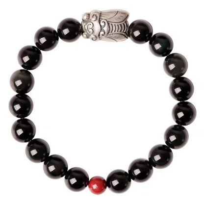 999 Sterling Silver Cicada & Obsidian Bracelet, Good - luck Jewelry for Exams - STAR8S