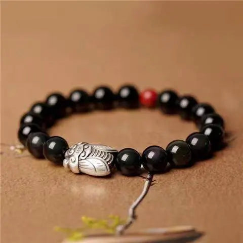 999 Sterling Silver Cicada & Obsidian Bracelet, Good - luck Jewelry for Exams - STAR8S