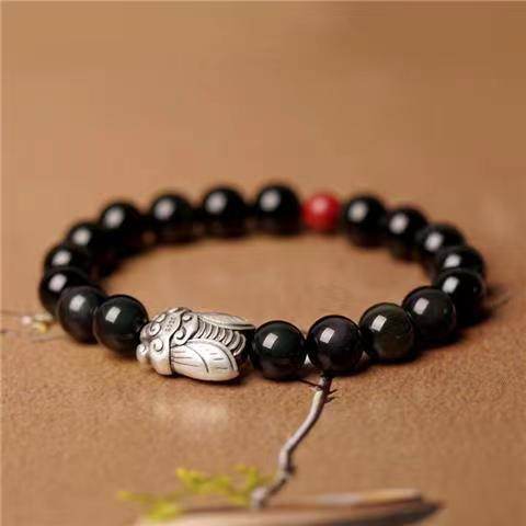 999 sterling silver cicada & obsidian bracelet, good - luck jewelry for exams - star8s