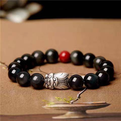 999 Sterling Silver Cicada & Obsidian Bracelet, Good - luck Jewelry for Exams - STAR8S