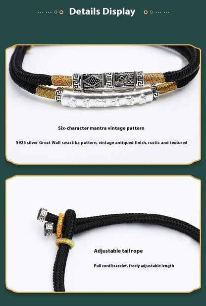 999 Pure Silver Six Words Mantra Braided Bracelet Unisex Spiritual - STAR8S