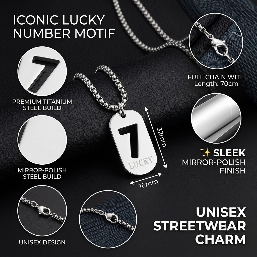 lucky number 7 pendant necklace for men women premium titanium steel dog tag nameplate hip hop punk streetwear jewelry long box chain sweater necklace gift