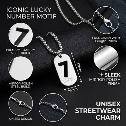 Lucky Number 7 Pendant Necklace for Men Women Premium Titanium Steel Dog Tag Nameplate Hip Hop Punk Streetwear Jewelry Long Box Chain Sweater Necklace Gift