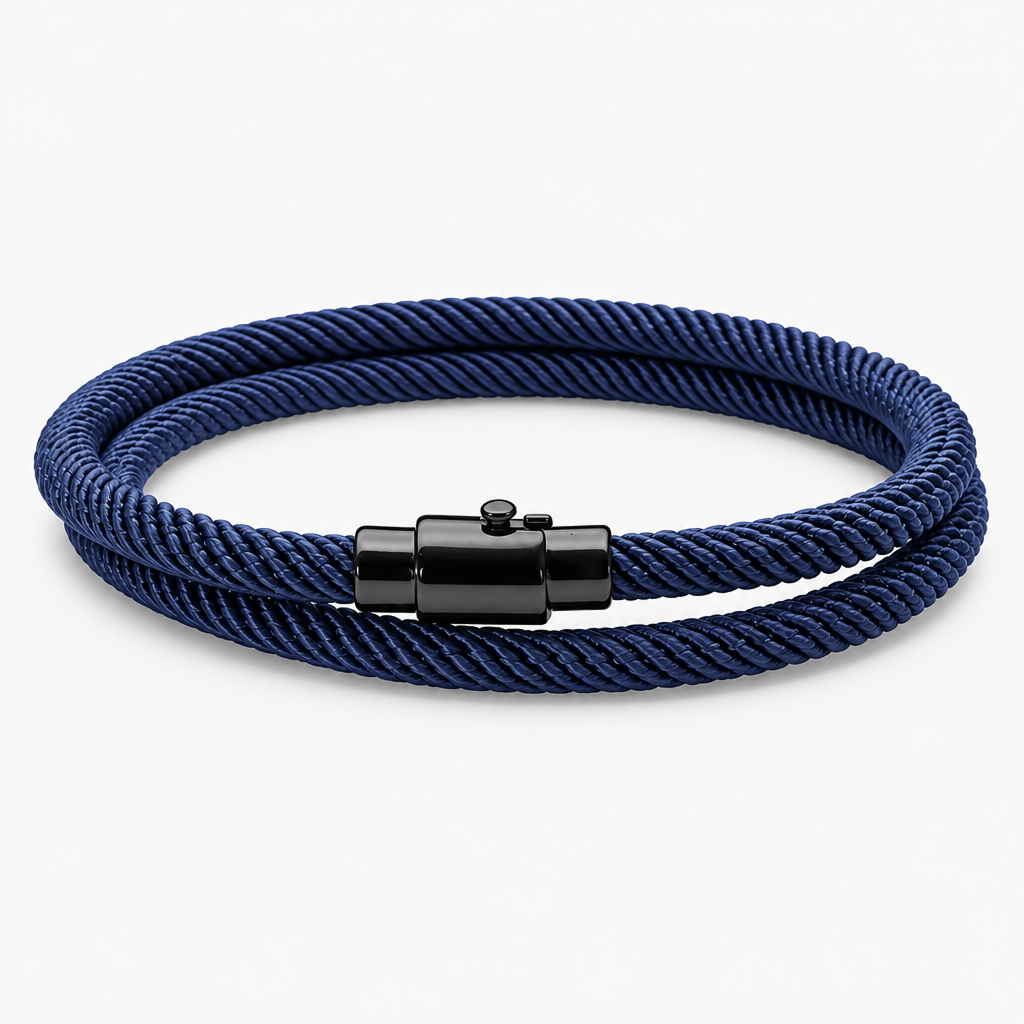 men's double wrap bracelet navy blue milan rope cord wristband matte black alloy magnetic clasp unisex minimalist surf beach nautical jewelry layering cuff