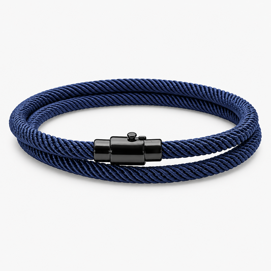 Men's Double Wrap Bracelet Navy Blue Milan Rope Cord Wristband Matte Black Alloy Magnetic Clasp Unisex Minimalist Surf Beach Nautical Jewelry Layering Cuff