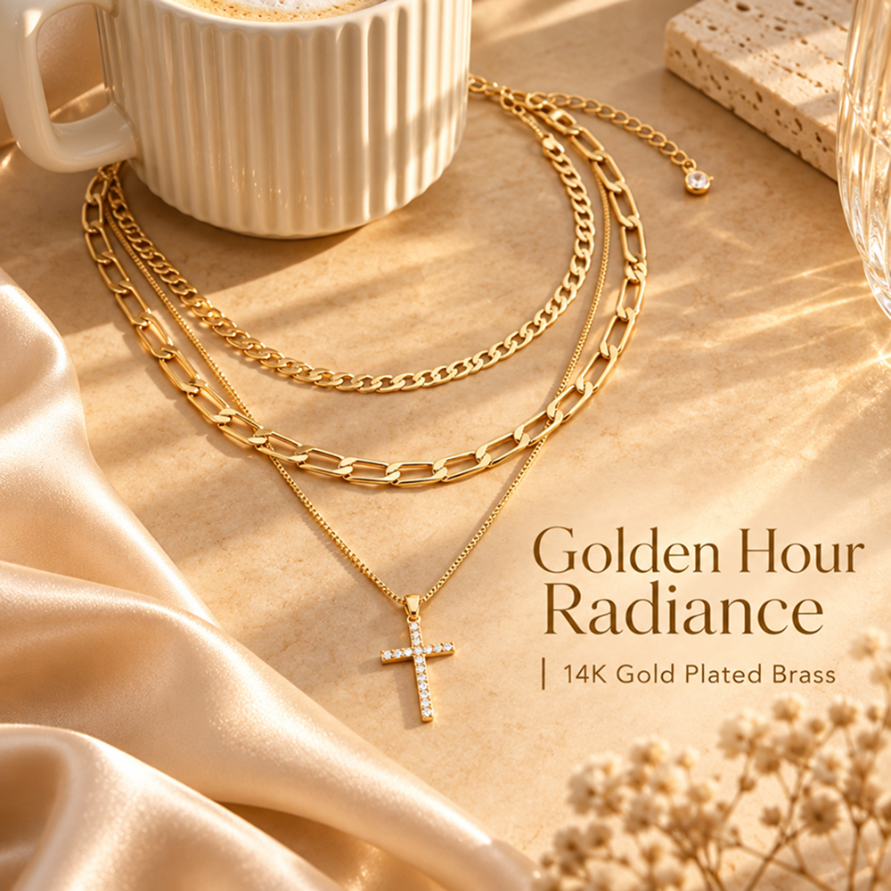 layered cross necklace set for women, 3 gold-tone electroplated brass chains with sparkling cross pendant, flat link and paperclip styles, 15, 16 and 18 inch lengths with 2 inch extenders, lobster clasps, everyday jewelry for blouses, dresses and swe