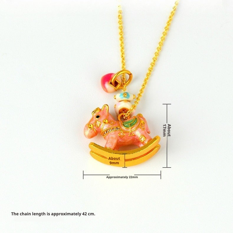 Chinese Zodiac Enamel Rocking Horse Necklace – Pink Macaron Style with High-Temperature Enamel and Gold Accents - STAR8S