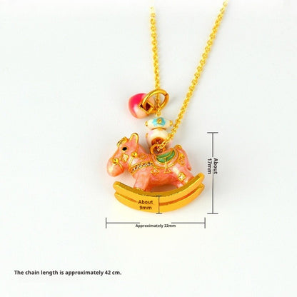 Chinese Zodiac Enamel Rocking Horse Necklace – Pink Macaron Style with High-Temperature Enamel and Gold Accents - STAR8S