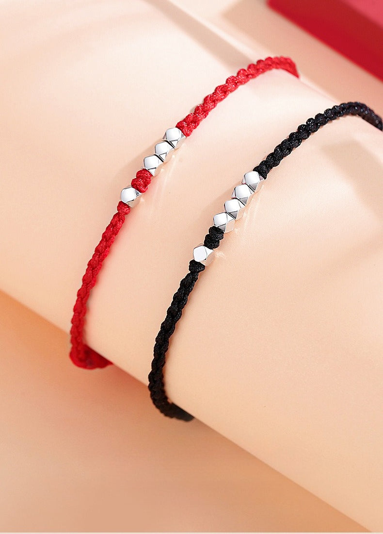 silver couples braided bracelet | handmade red string bracelet with 925 sterling silver beads