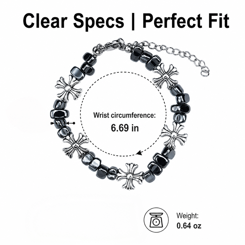 gothic cross beaded bracelet for men women natural black hematite stone irregular tumbled beads bracelet y2k hip hop punk rock wristband retro floral crosses jewelry gif