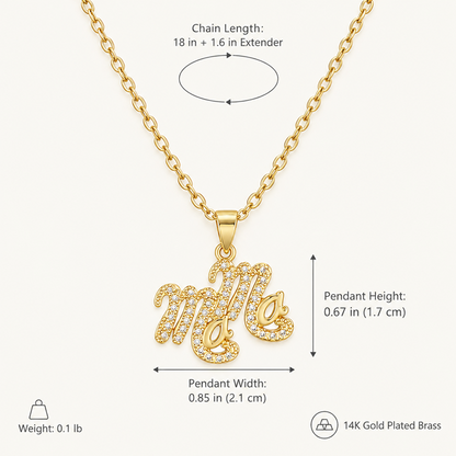 Gold-Plated Brass MAMA Pendant Necklace with Sparkling Details and Adjustable Extender