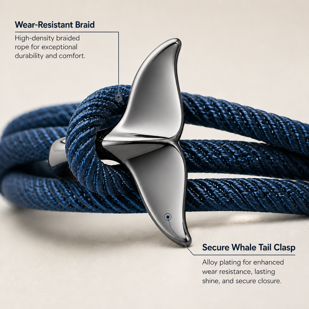 navy whale tail wrap bracelet, electroplated alloy and braided milan cord, adjustable ocean-inspired couple bracelet