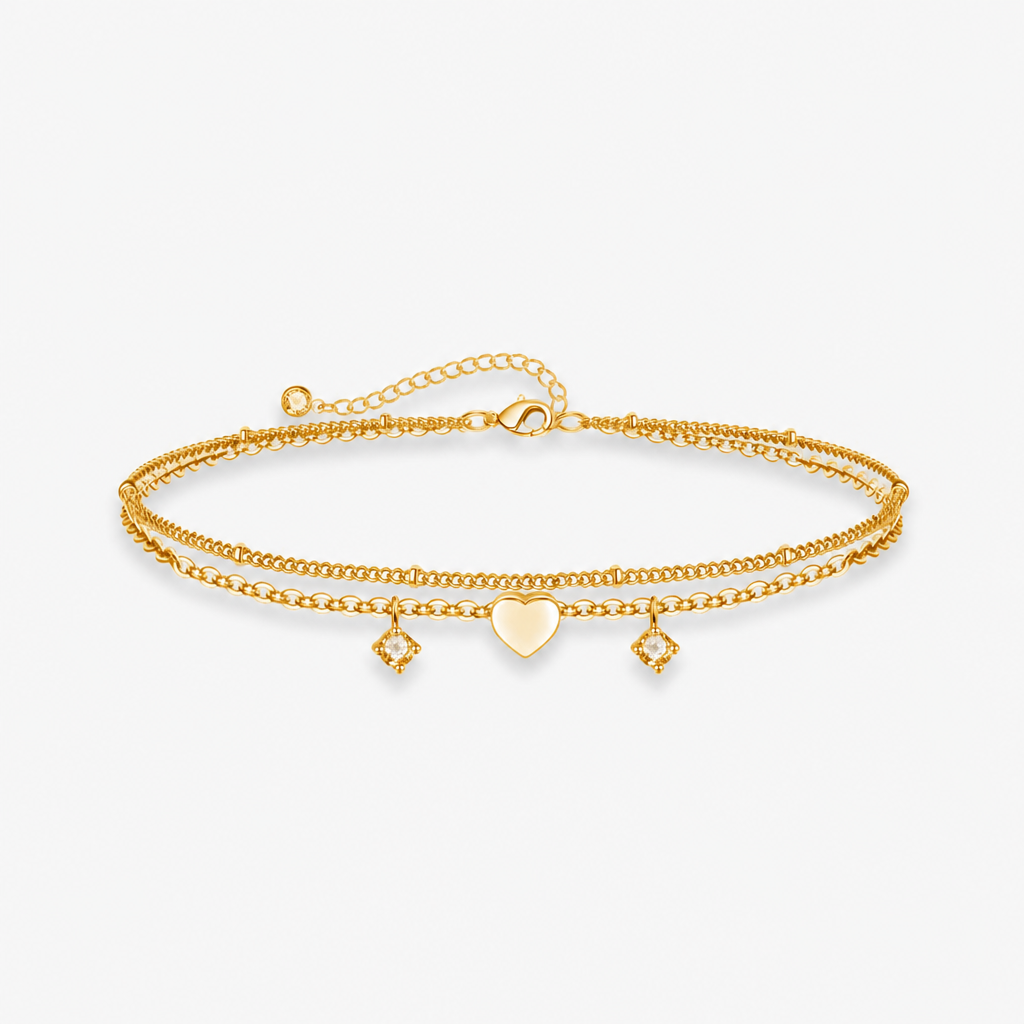 gold-tone double-layer heart anklet for women, electroplated brass adjustable zircon charm ankle bracelet, dainty summer foot jewelry