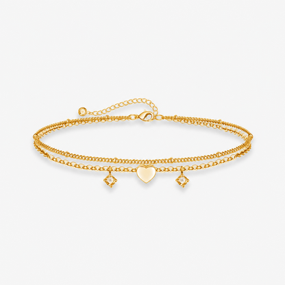 Gold-Tone Double-Layer Heart Anklet for Women, Electroplated Brass Adjustable Zircon Charm Ankle Bracelet, Dainty Summer Foot Jewelry