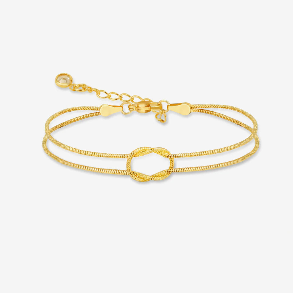 elegant tarnish resistant brass layered snake chain bracelet high polish infinitesimal love knot adjustable comfort fit smooth fluid bone link wristband premium romantic charm