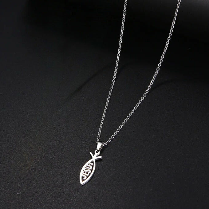 stainless steel jesus fish pendant necklace for women men ichthys christian necklace religious faith jewelry gift titanium steel holy symbol o-chain choker comfort fit silver tone