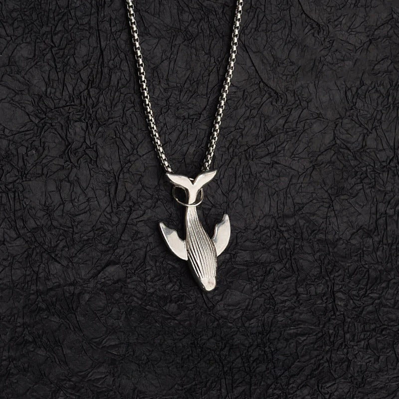 titanium steel whale fall pendant necklace for men unisex vintage silver humpback whale tail charm long box chain sweater necklace hip hop streetwear minimalist ocean jewelry aesthetic gift 27.5 inches