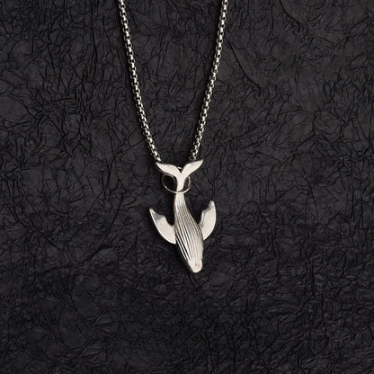 Titanium Steel Whale Fall Pendant Necklace for Men Unisex Vintage Silver Humpback Whale Tail Charm Long Box Chain Sweater Necklace Hip Hop Streetwear Minimalist Ocean Jewelry Aesthetic Gift 27.5 Inches