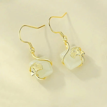 Gingko Leaf Stud 925 Silver Hetian Jade Cube Sugar Earring