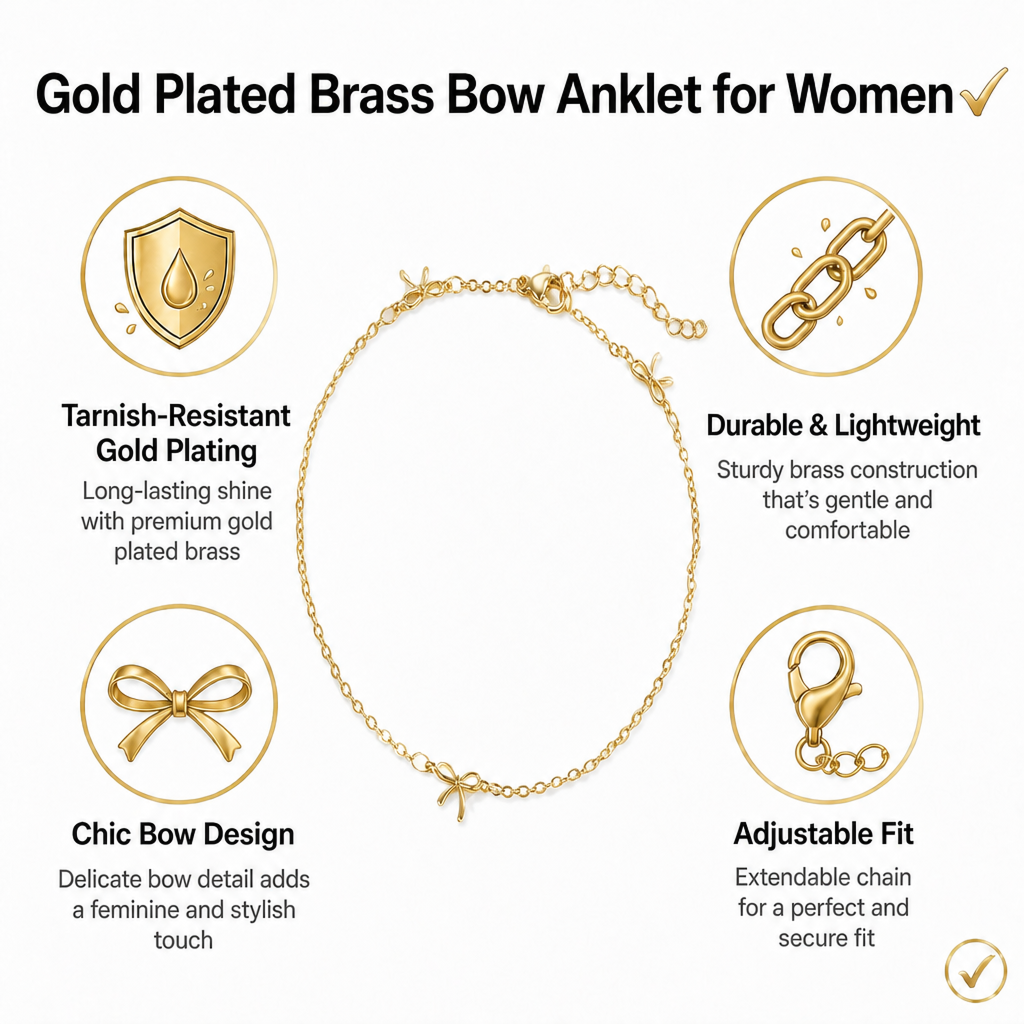 gold-plated brass bow anklet for women, dainty adjustable charm ankle bracelet, coquette summer beach foot jewelry