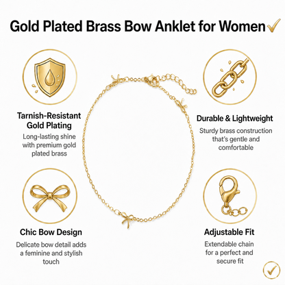 Gold-Plated Brass Bow Anklet for Women, Dainty Adjustable Charm Ankle Bracelet, Coquette Summer Beach Foot Jewelry