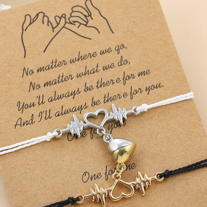 Matching Relationship Bracelets for Couples Magnetic Split Heart Lifeline Charm Handcrafted Woven Cord Wristband with Pinky Promise Wish Card for Lovers Anniversary Birthday