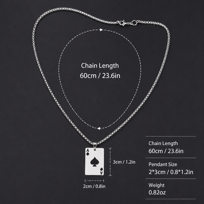 Titanium Steel Ace of Spades Pendant Necklace for Men Women Unisex Stainless Steel Playing Poker Card Charm Pendant Hip Hop Streetwear Box Chain Luck Jewelry