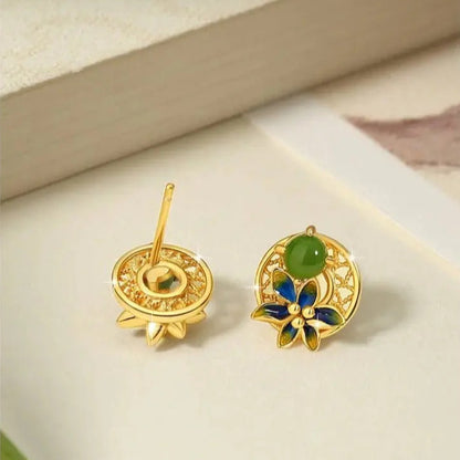 Flower Ear Stud Piercing  Jasper 925 Silver, Moon & Gold - Plated