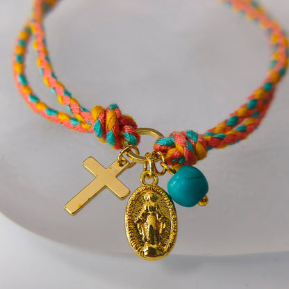 Handmade Woven Cord Bracelet for Women Men Cross Pendant Oval Virgin Mary Miraculous Medal Adjustable Religious Protection Blessing Cotton Jewelry Gift for Her