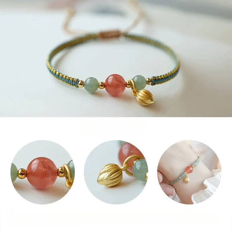 Adjustable Red String Bracelet with South Red Agate & Golden Lotus Charm – Handmade Chinese Style for Luck and Prosperity - STAR8S