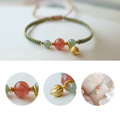 Adjustable Red String Bracelet with South Red Agate & Golden Lotus Charm – Handmade Chinese Style for Luck and Prosperity - STAR8S