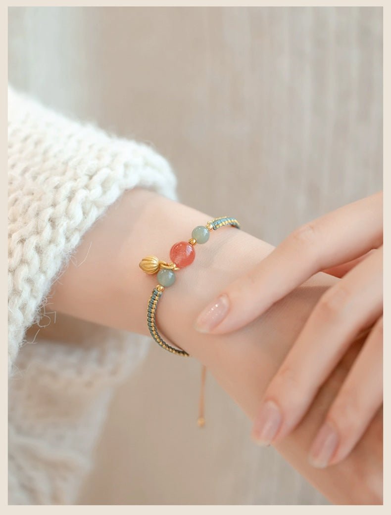 adjustable red string bracelet with south red agate & golden lotus charm – handmade chinese style for luck and prosperity - star8s