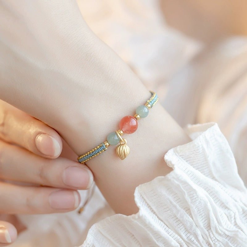 Adjustable Red String Bracelet with South Red Agate & Golden Lotus Charm – Handmade Chinese Style for Luck and Prosperity - STAR8S