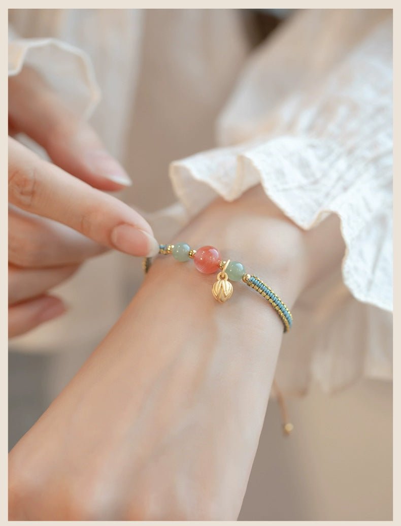 adjustable red string bracelet with south red agate & golden lotus charm – handmade chinese style for luck and prosperity - star8s