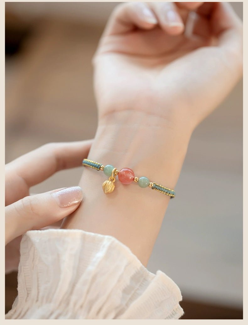 Adjustable Red String Bracelet with South Red Agate & Golden Lotus Charm – Handmade Chinese Style for Luck and Prosperity - STAR8S