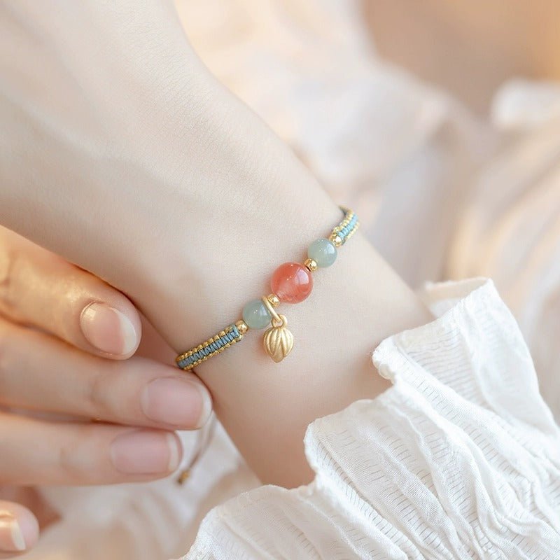 Adjustable Red String Bracelet with South Red Agate & Golden Lotus Charm – Handmade Chinese Style for Luck and Prosperity - STAR8S