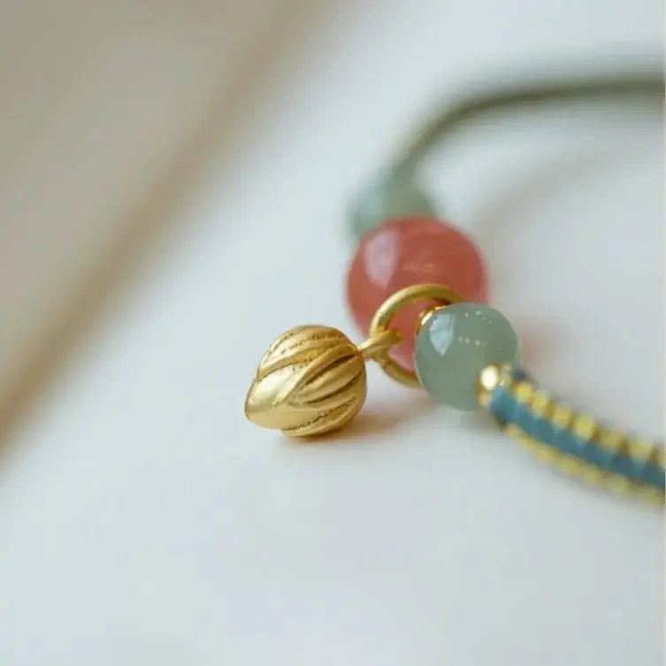 Adjustable Red String Bracelet with South Red Agate & Golden Lotus Charm – Handmade Chinese Style for Luck and Prosperity - STAR8S