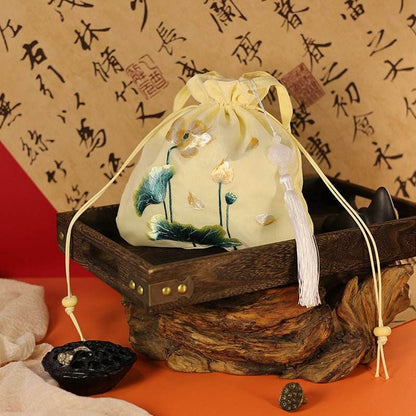 Ancient - style Chinese Suzhou - embroidered Crossbody Bag with Golden Lotus Patterns in Beige - STAR8S