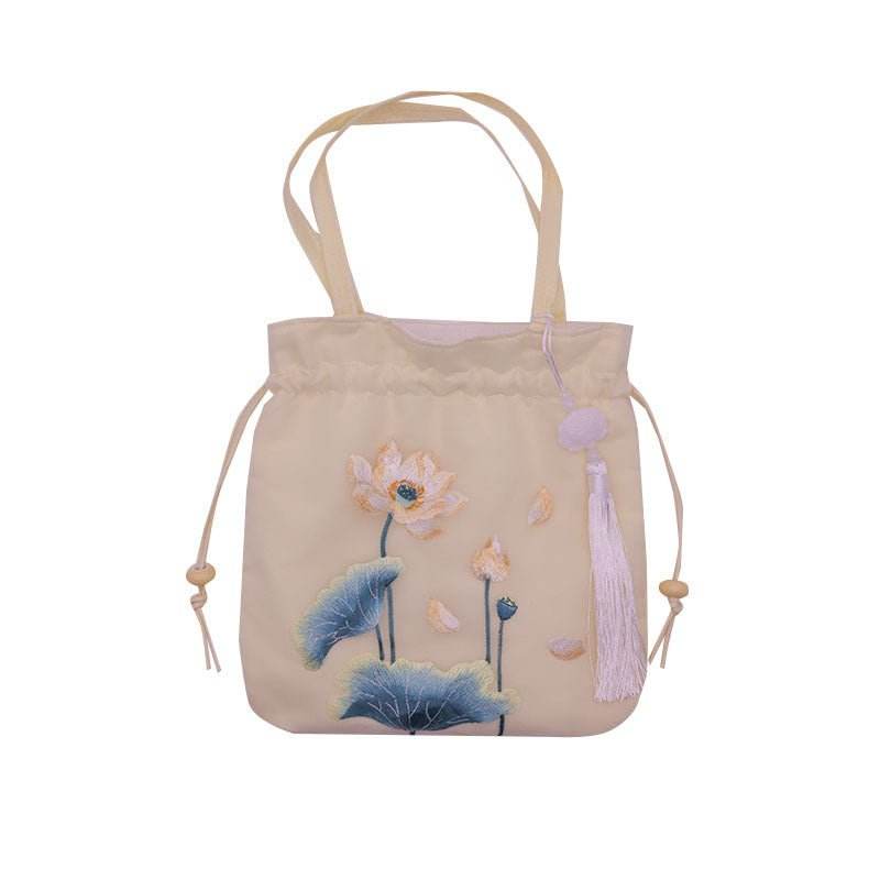 Ancient - style Chinese Suzhou - embroidered Crossbody Bag with Golden Lotus Patterns in Beige - STAR8S