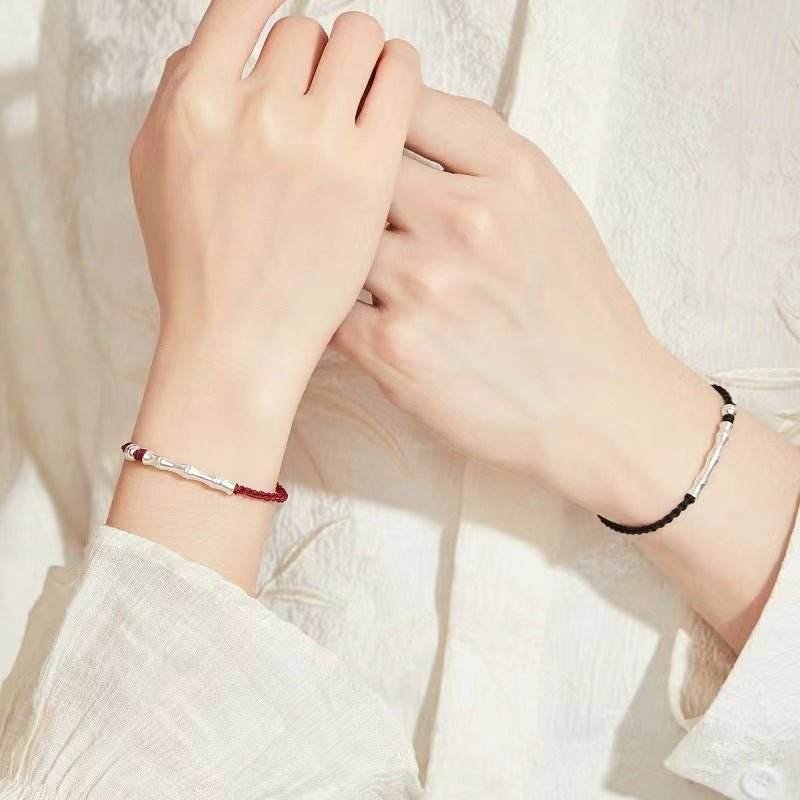 bamboo - knot sterling silver couple bracelet, hand - woven romantic jewelry - star8s