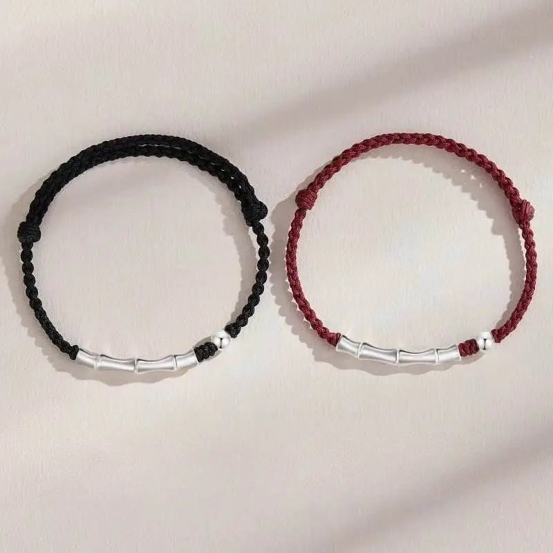 bamboo - knot sterling silver couple bracelet, hand - woven romantic jewelry - star8s