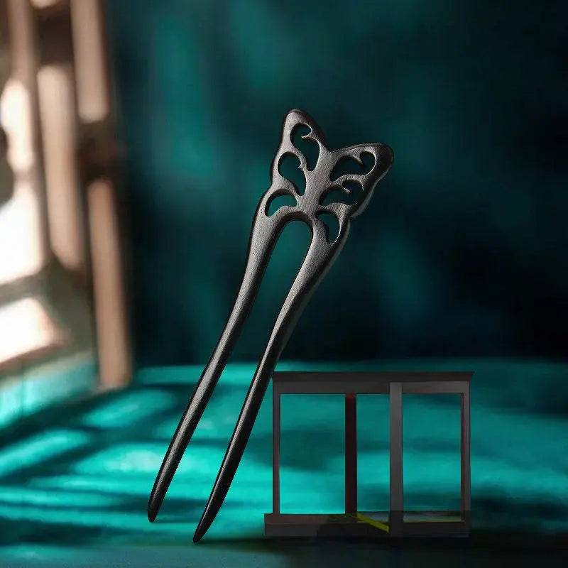 Black Sandalwood Double Prong U Shaped Hairpin for Short Haired Girls Vintage Gift - STAR8S