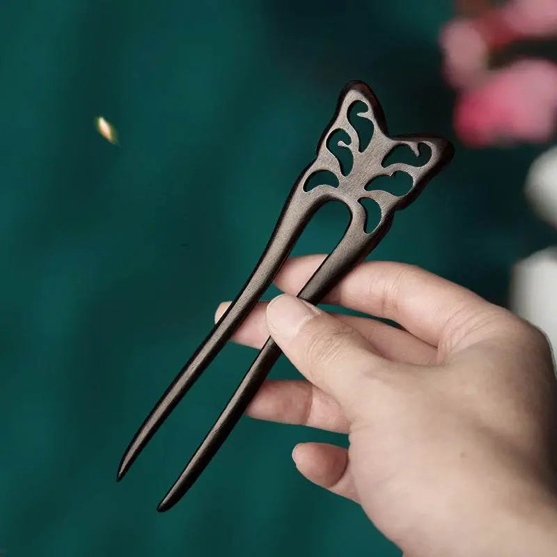 black sandalwood double prong u shaped hairpin for short haired girls vintage gift - star8s