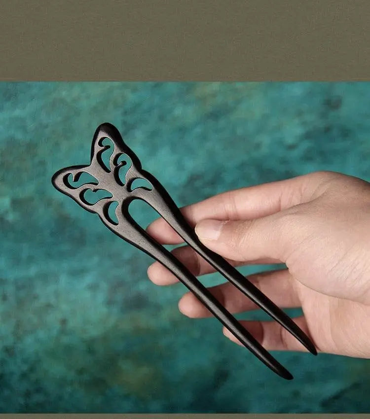 black sandalwood double prong u shaped hairpin for short haired girls vintage gift - star8s